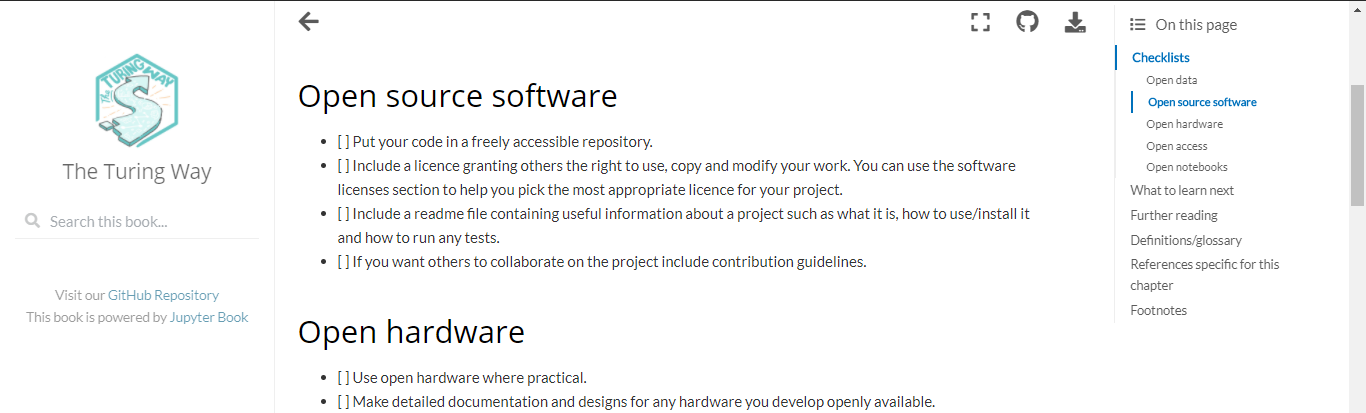 When the Checklist subchapter of any chapter is written in Markdown as a Task List with checkboxes, square brackets are displayed rather than checkboxes in the web version of the book.