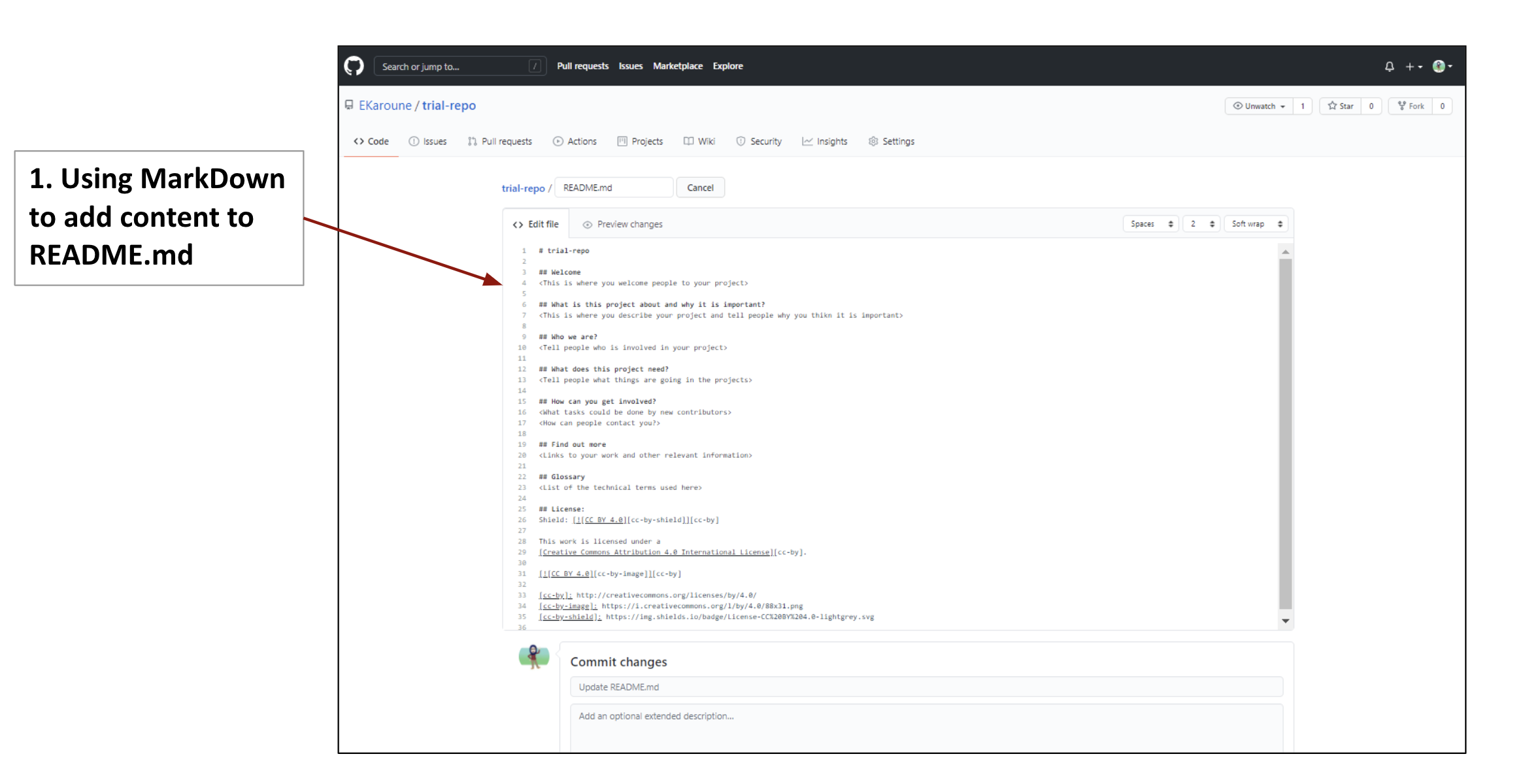 Annotated diagram of README.md file in edit mode – with a template added. Explained in the figure legend.