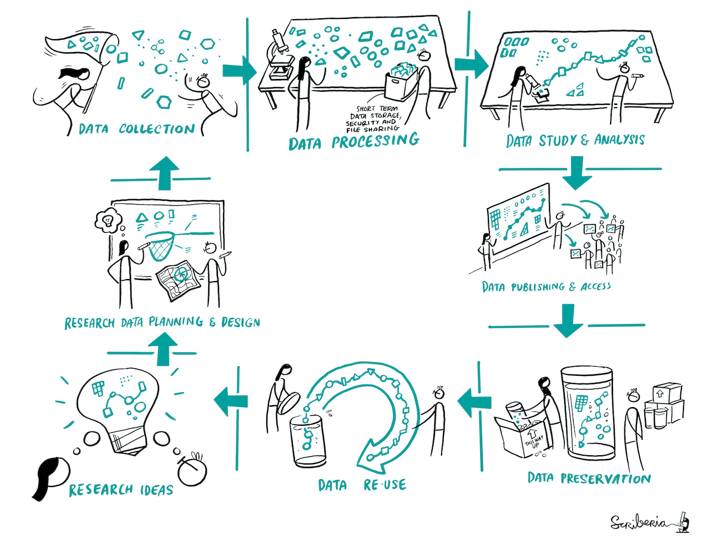 The research process is represented as a perpetual cycle between research ideas, research data planning and desing, data collection, data processing, data study & analysis, data publishing & access, data preservation & data re-use